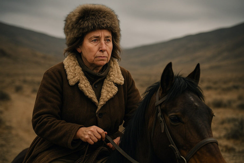 Alexandra David-Néel riding a horse through a rugged Tibetan landscape, dressed in fur-lined explorer gear under cloudy skies