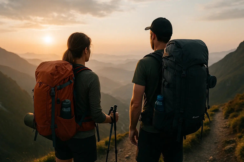 A male and female hiker wearing trekking backpacks, standing on a mountain ridge at sunrise, overlooking misty valleys and rugged peaks