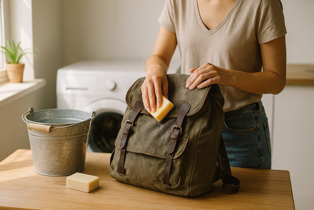 Person gently cleaning a canvas backpack by hand in a bright laundry room, with a soft sponge and eco-friendly soap on a wooden table