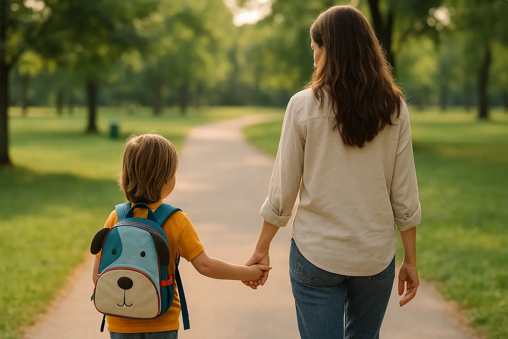 Mother holding hands with her toddler in a park, the child wearing a toddler backpack, viewed from behind, showcasing family moments outdoors