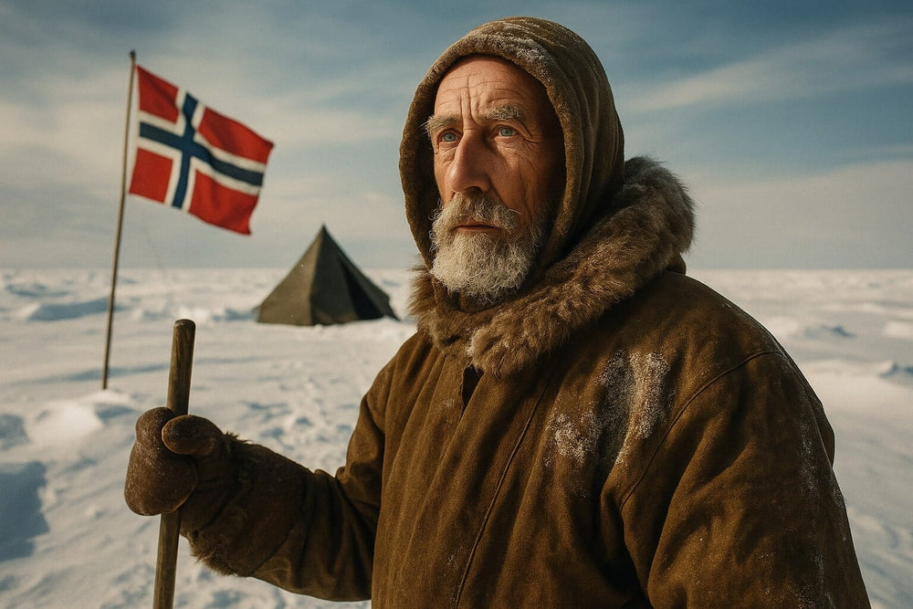 Portrait réaliste de Roald Amundsen en tenue d’expédition polaire, tenant un bâton devant un campement enneigé avec un drapeau norvégien en arrière-plan