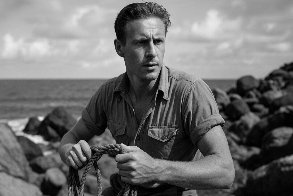Black and white photo of a young Thor Heyerdahl during an expedition, standing on a balsa wood raft