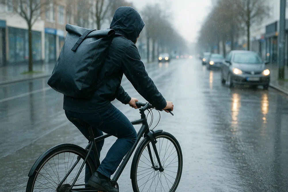 Urban cyclist riding in the rain with a waterproof roll top backpack, on a wet city street — ideal for commuting
