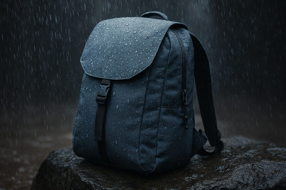 waterproof backpack on a rock under rain