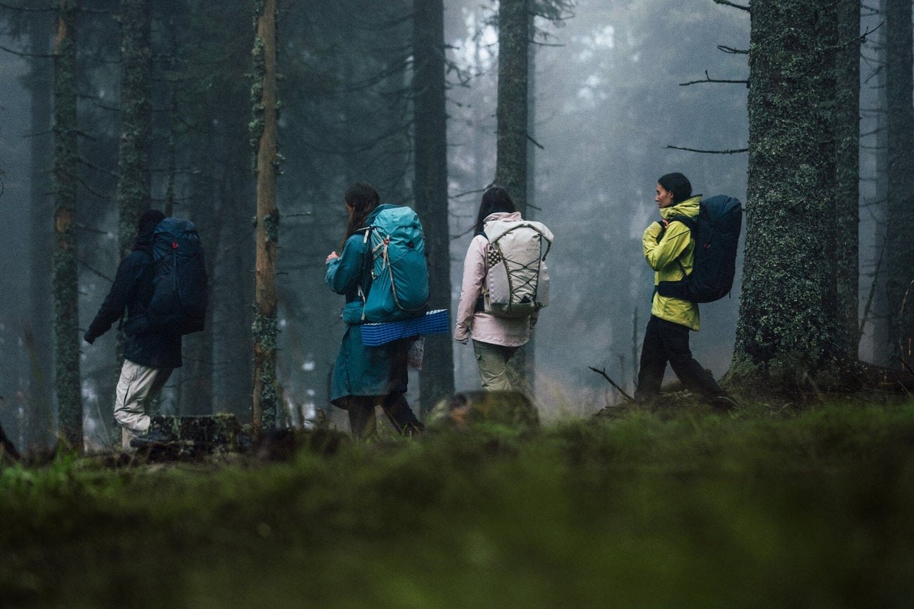 Hikers in a forest wearing Klattermusen hiking backpacks