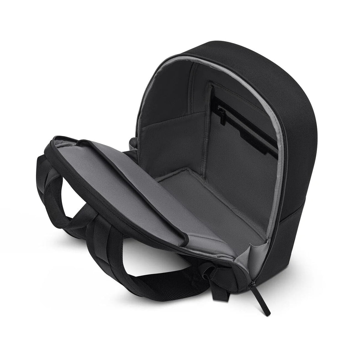 Back panel folded open flat: padded laptop sleeve and inner zip pocket, grey lining