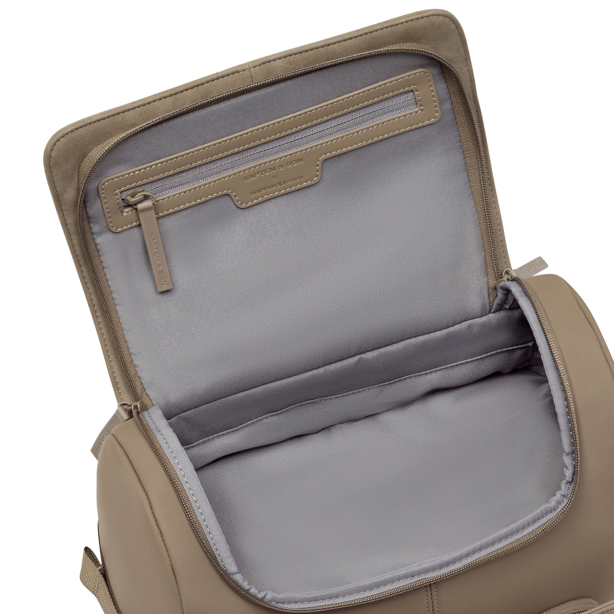Bali Pro in Walnut with the top compartment open and the zip pocket in its lid