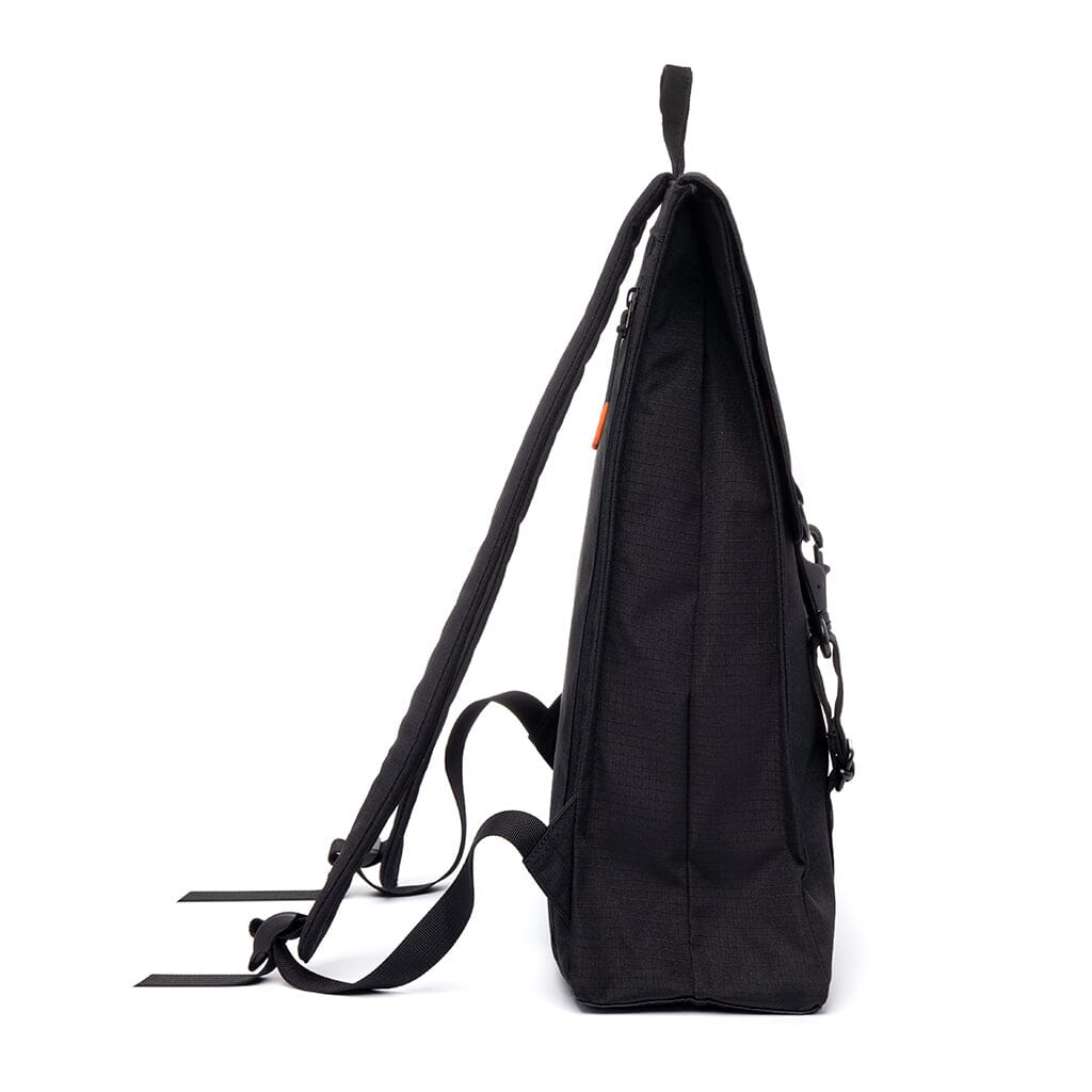 recycled laptop backpack, black color, side view