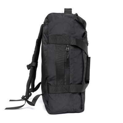 black recycled travel convertible backpack side view