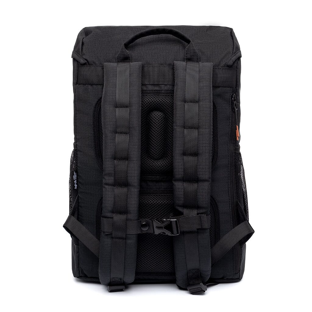 back view of the black sustainable travel backpack from Lefrik brand