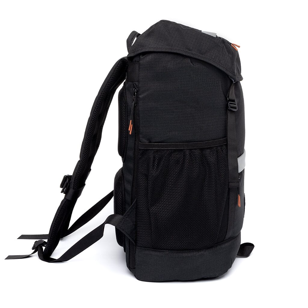 side view of the black sustainable travel backpack from Lefrik brand