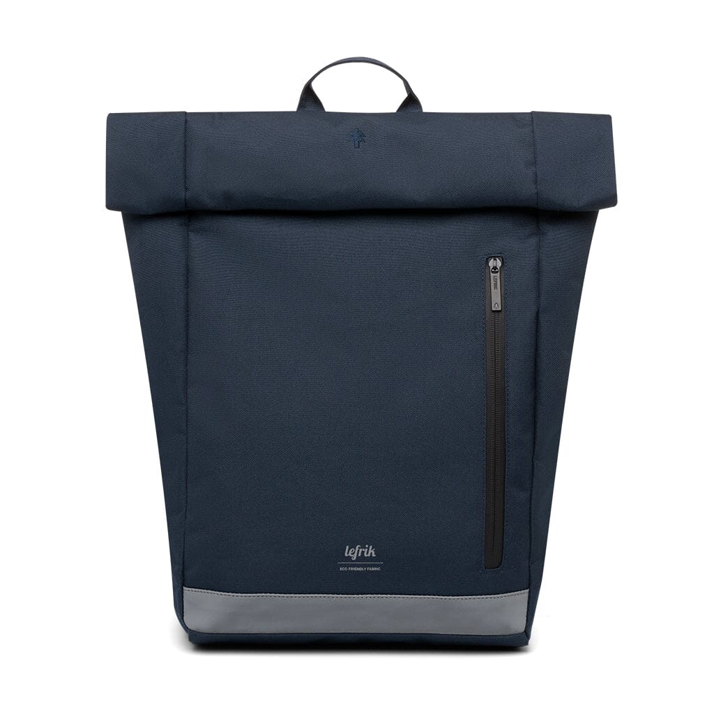 front view of the navy blue eco friendly laptop backpack from Lefrik brand