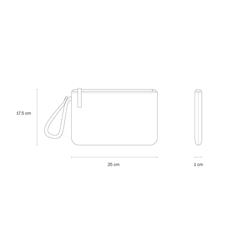 Size guide sketch of the Essentials Pouch: 25 cm wide, 17.5 cm high and 1 cm deep