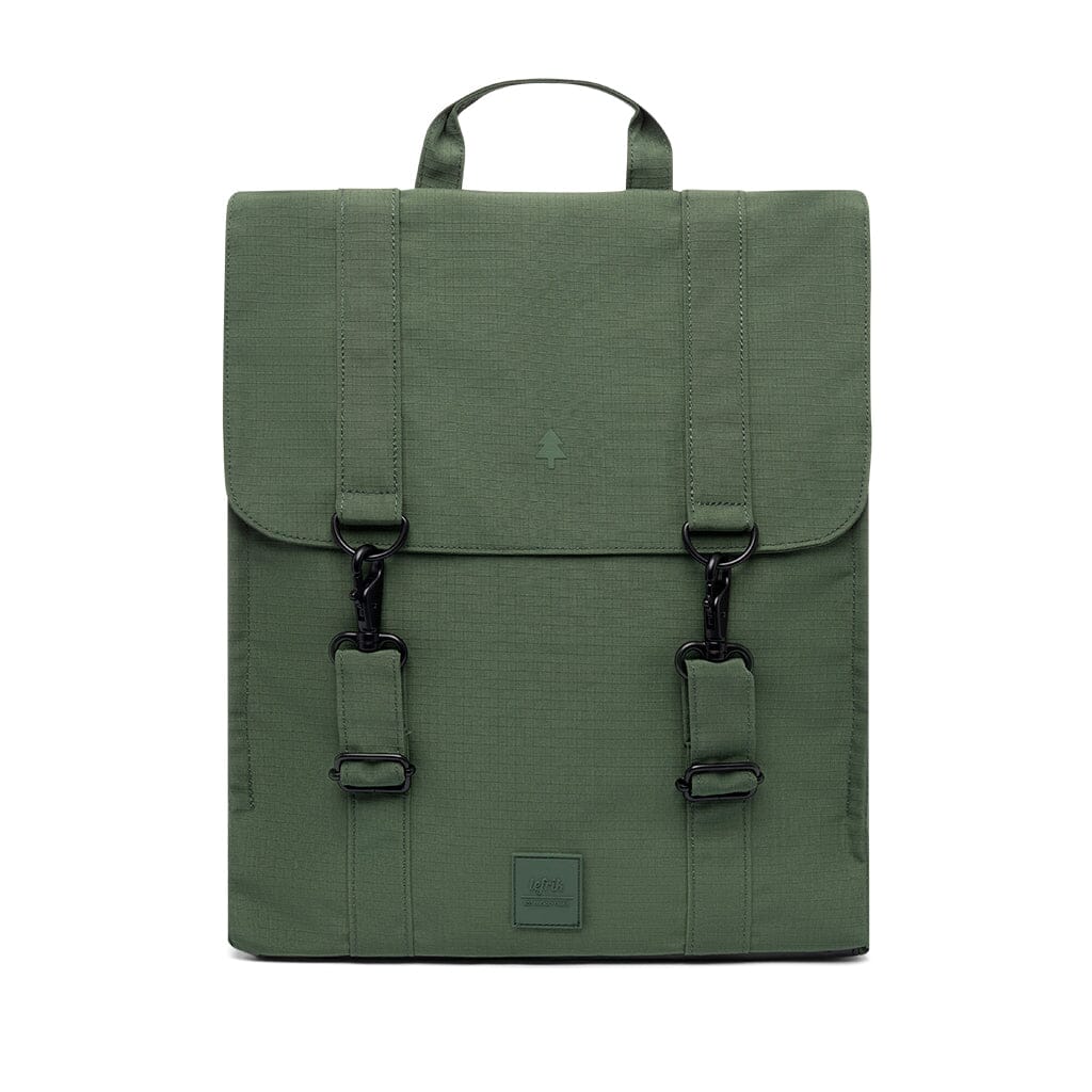 recycled laptop backpack, green color, front view
