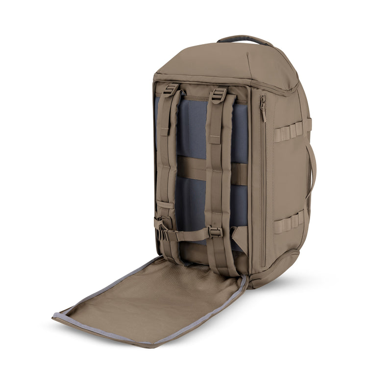 Shoulder straps stowed behind the back panel of the walnut Lisbon Duffle Backpack Medium