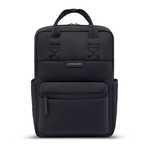Kapten & Son Bergen Cloud backpack in black, front view with twin handles and front zip pocket
