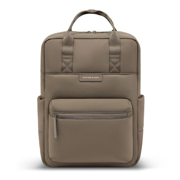 Kapten & Son Bergen Cloud backpack in walnut, front view with twin handles and front zip pocket