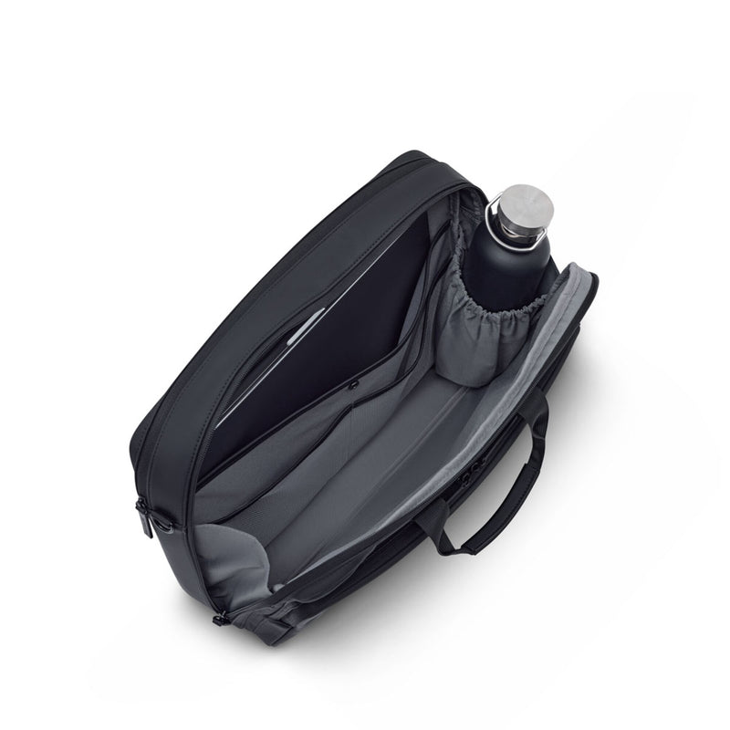 Main compartment of the Bodo Laptop Bag open, bottle holder and grey lining