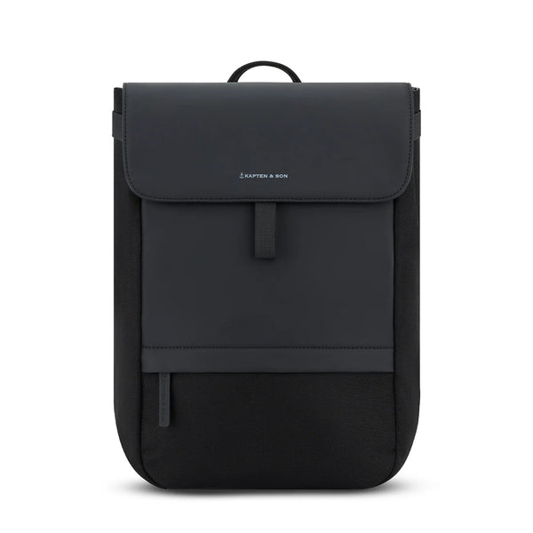 Kapten & Son Fyn Backpack in black — minimalist flap backpack with velcro closure