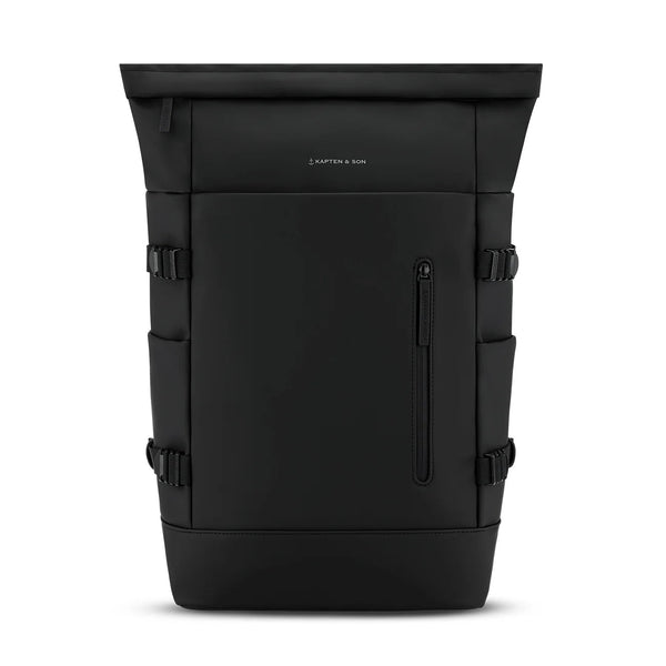Kapten & Son Helsinki Pro Backpack in all black — rolltop laptop backpack with clamshell opening and side compression straps