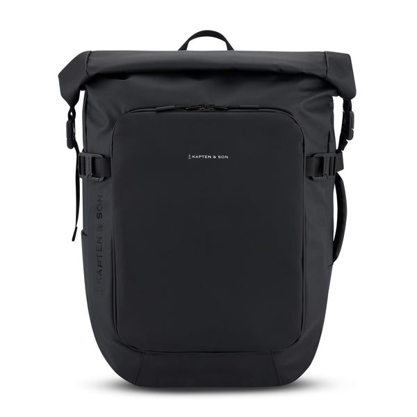 Kapten & Son Lisbon Pro Backpack in black — front view with rolltop and front zip pocket