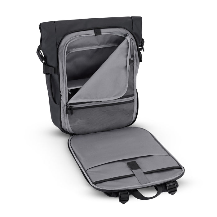 Main compartment open with laptop sleeve, mesh pockets, and organizer