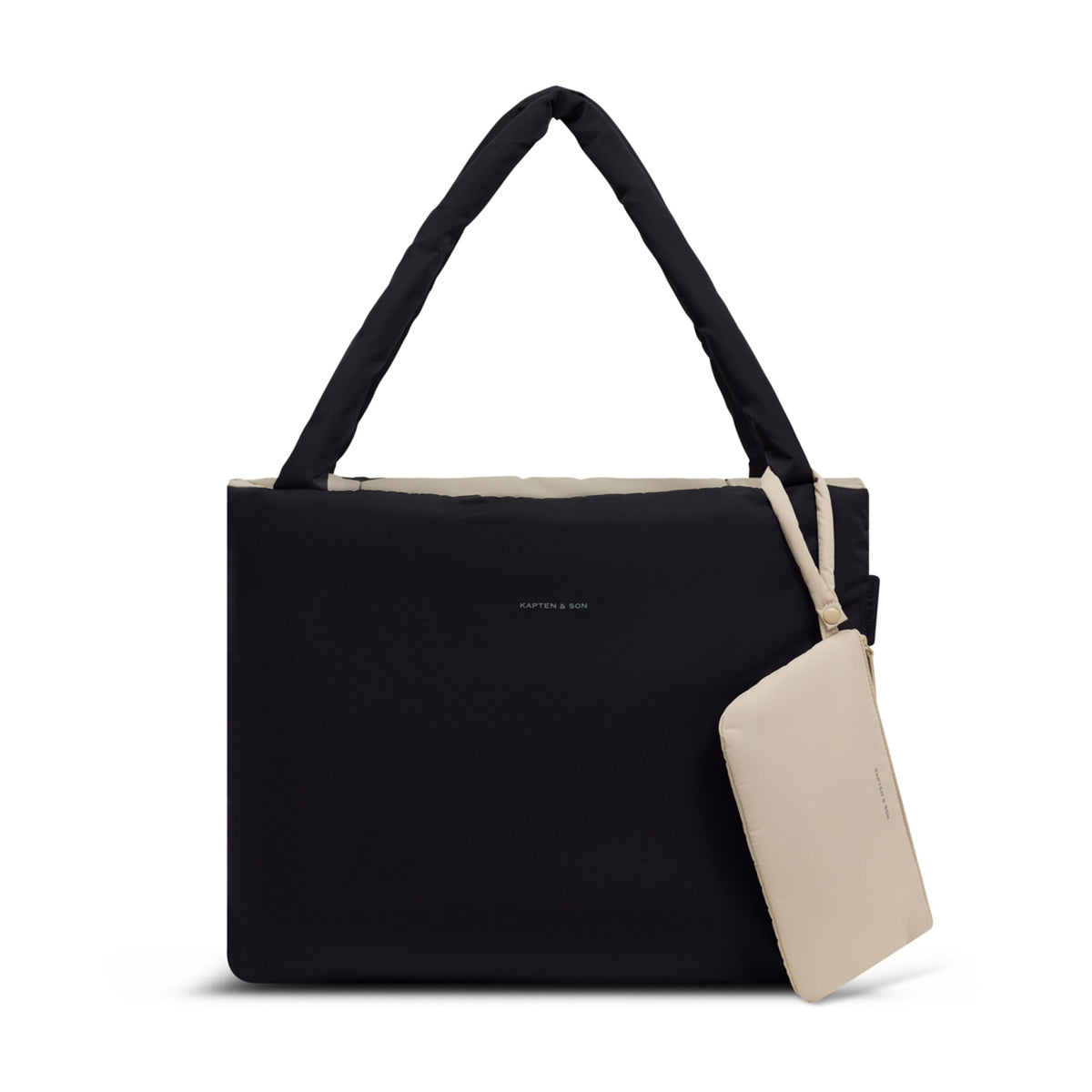 Sandstone pouch snapped around one handle of the black Norva 2in1 Shopper