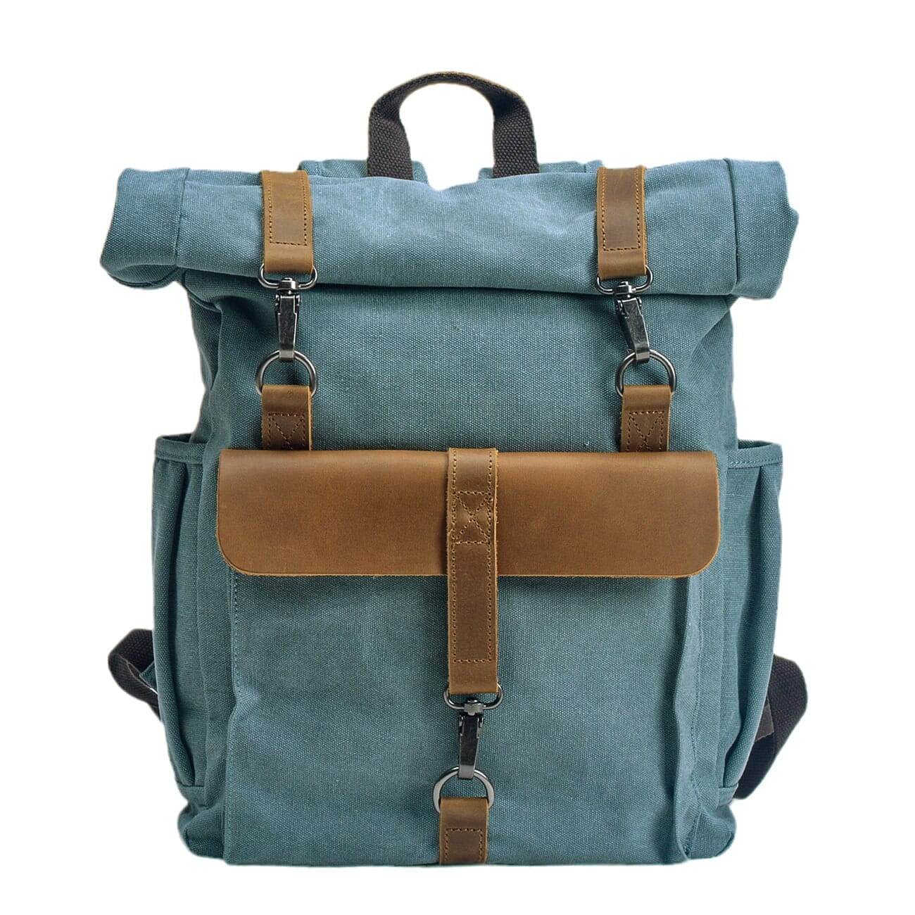 Retro canvas rucksack, light blue, classic cotton canvas with full-grain leather