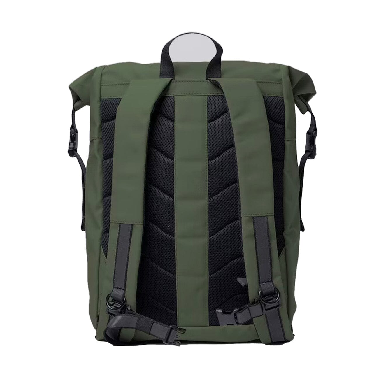 lightweight small backpack backpack recycled fabric with high rain and water resistance roll top green color back view