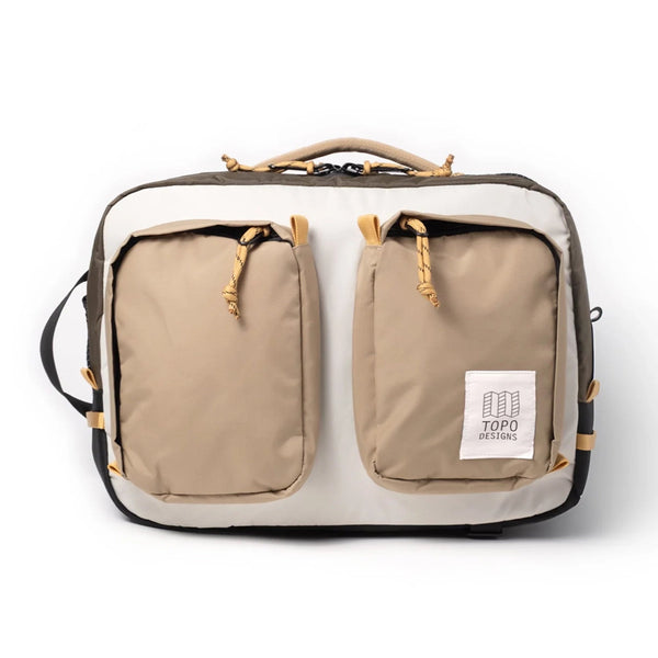 Topo Designs Global Briefcase in woodland and elmwood — front view with two-tone color blocking