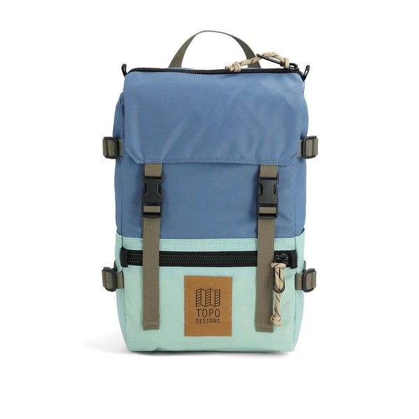 Topo Designs Rover Pack Mini in stone blue and ash green — front view with two-tone color blocking