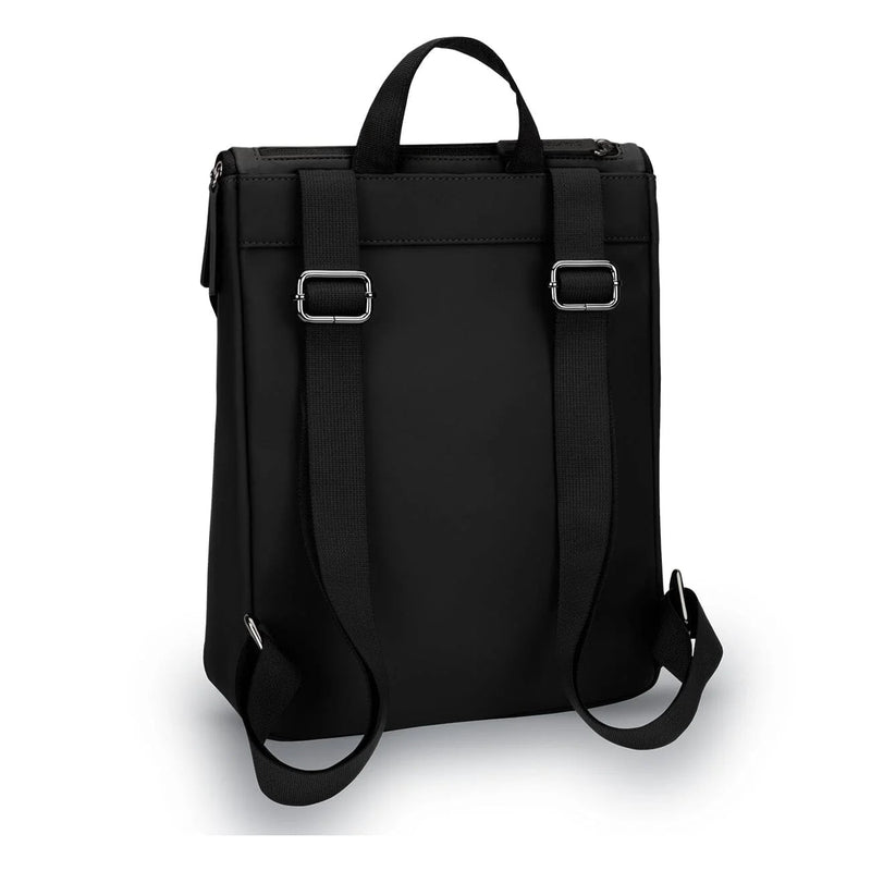 Rear view showing adjustable webbing shoulder straps with silver buckles on the black mini backpack