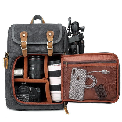brown leather camera bag
