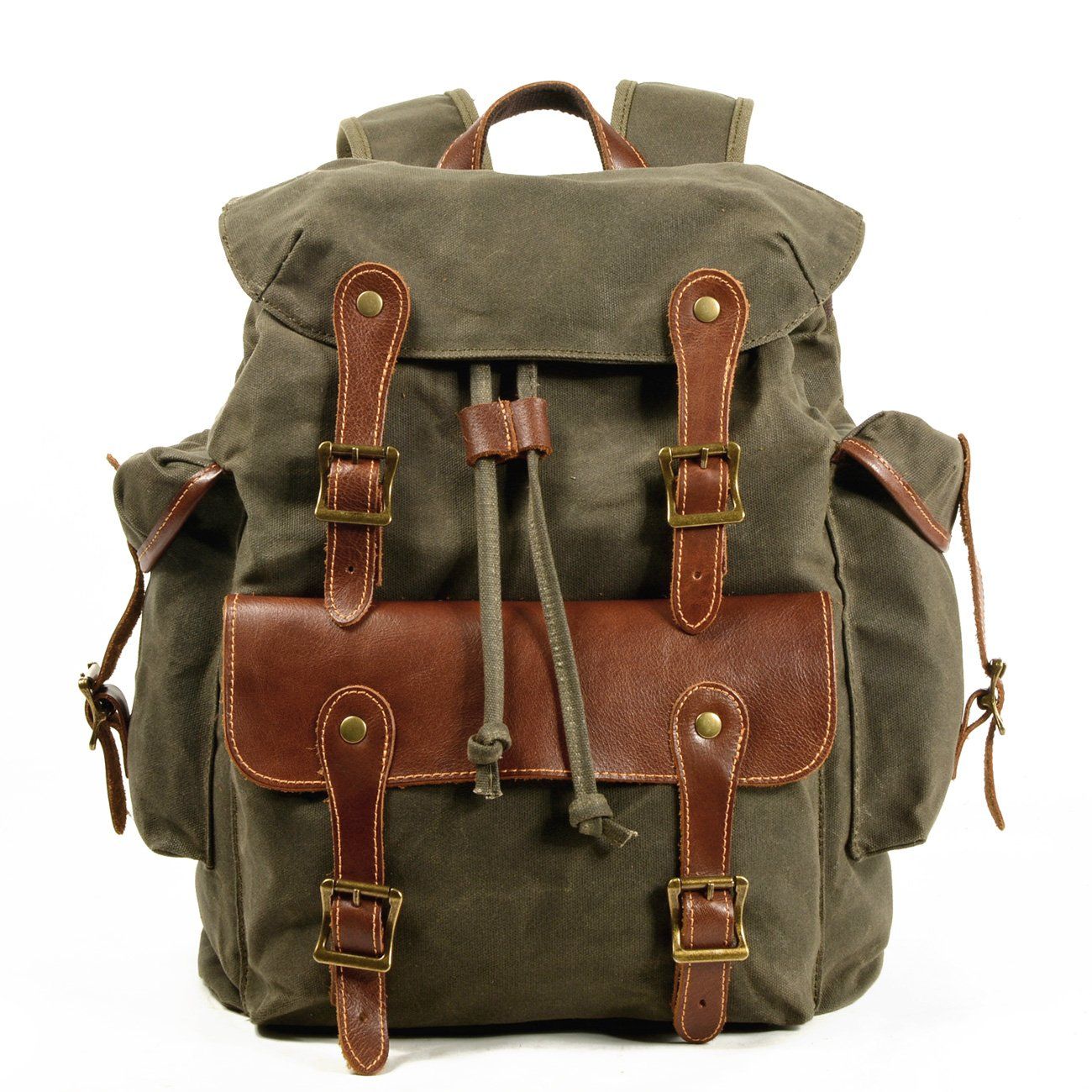 Sac à Dos Randonnée Vintage, vert armée, toile de coton cirée et cuir pleine fleur