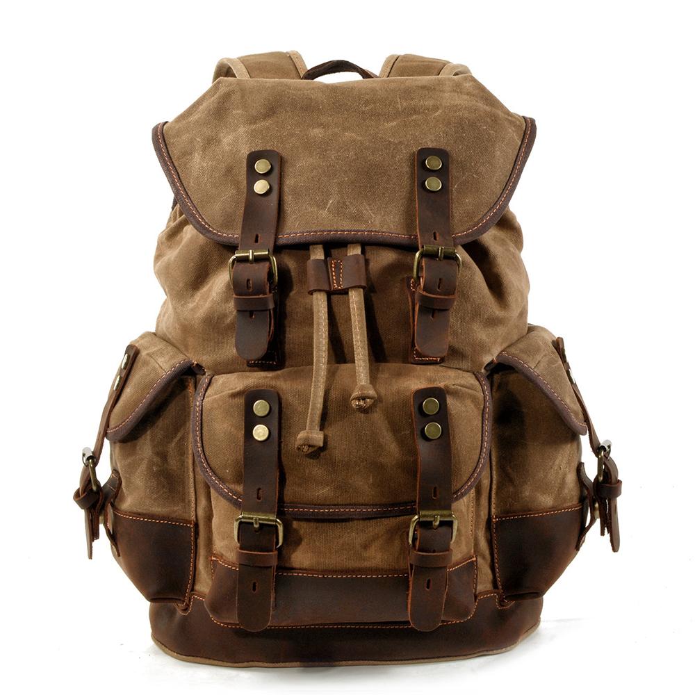 khaki canvas hiking backpack