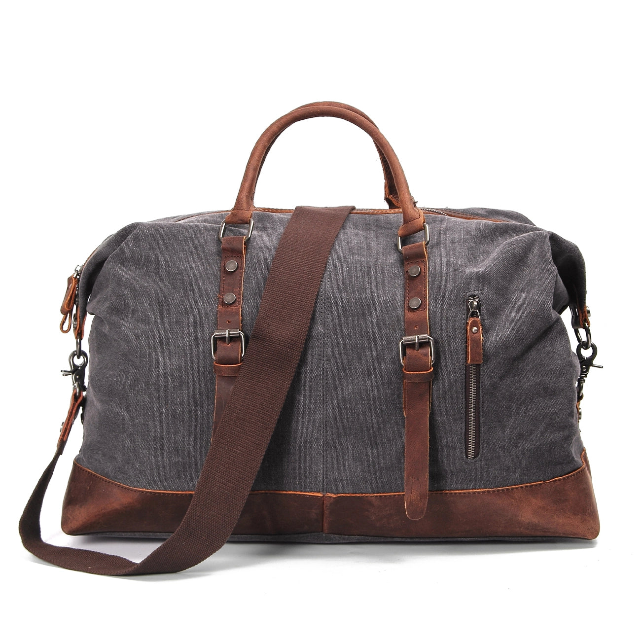vintage travel bag, light grey, canvas and crazy horse leather