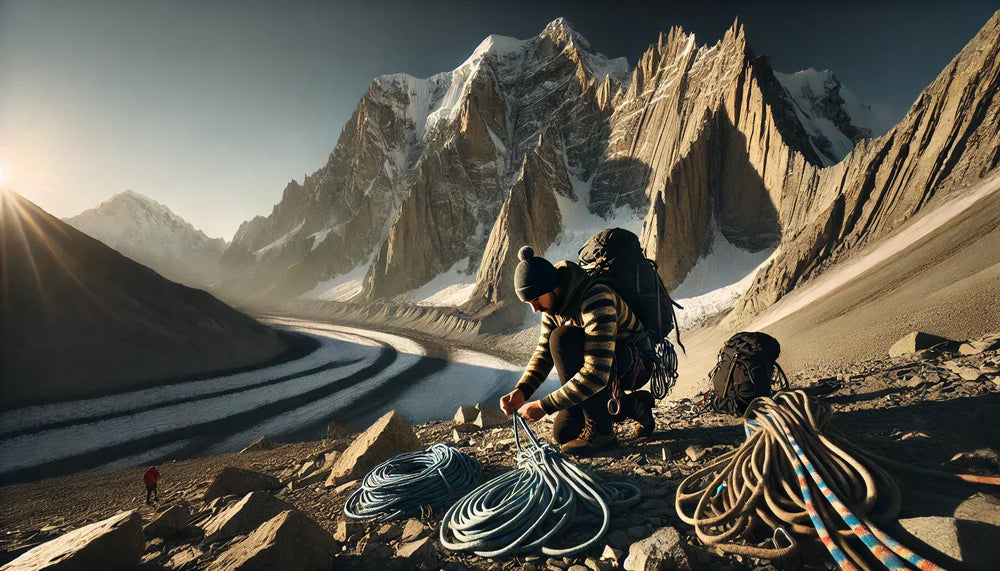 mountaineer preparing at the base of a towering peak under the morning light