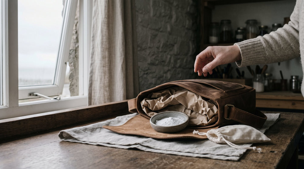 Brown leather bag airing by an open window, stuffed with plain kraft paper, a dish of baking soda and a cotton pouch beside it