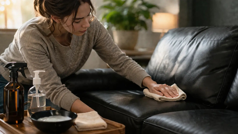 woman clean faux leather couch