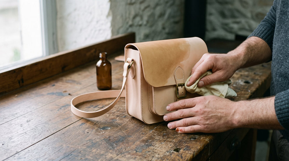 Hands working a cloth along the edge where oil has darkened the flap of a natural vegetable-tanned leather crossbody bag
