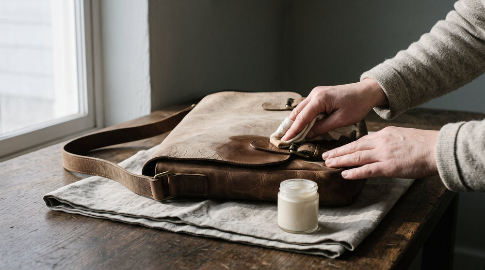 Hand working cream into the pale, dry, finely cracked flap of a brown leather bag with a cloth, the treated area turning deeper brown