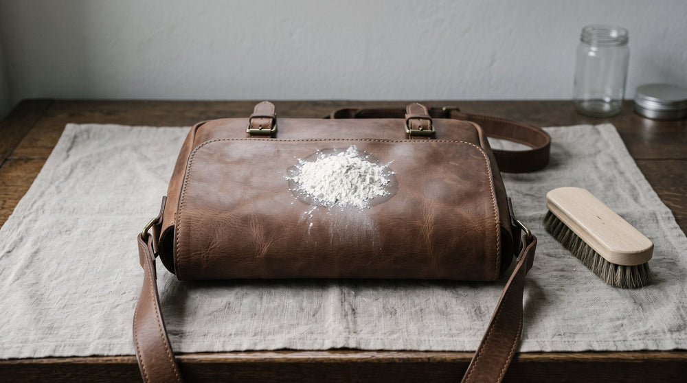 Mound of cornstarch covering an oil stain on the flap of a brown leather bag, the halo visible around it, a brush waiting beside