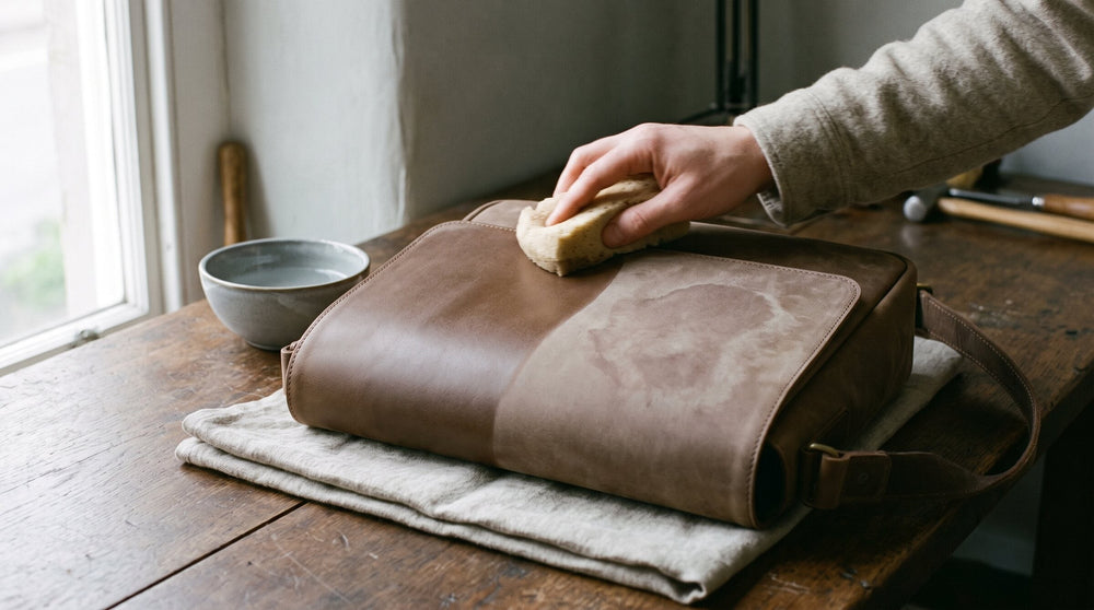 Hand passing a damp sponge across a brown leather bag flap, the wetted half evenly darker, an old water ring still on the rest
