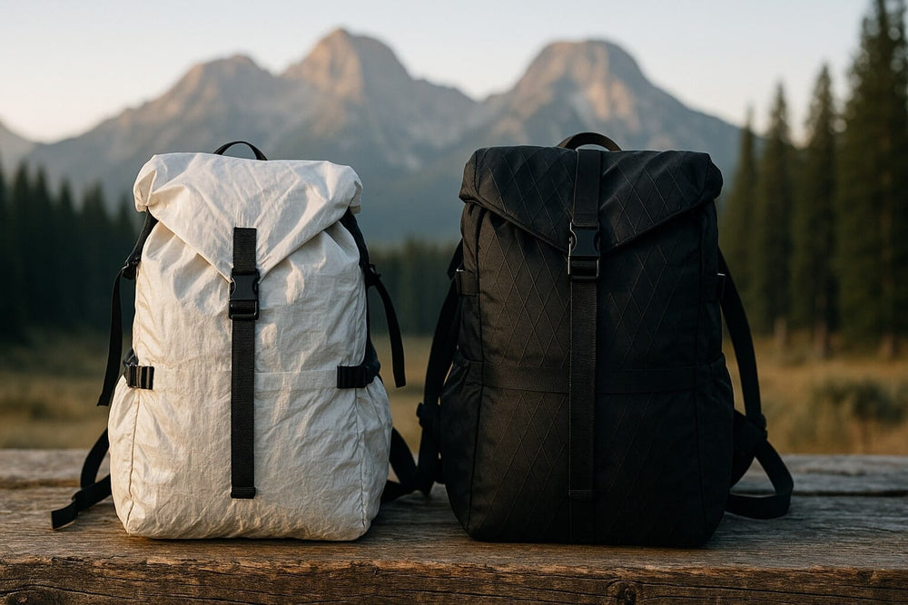Two technical backpacks resting in nature, one made of ultra-light Dyneema and the other of structured X-Pac, illustrating a comparison of outdoor materials
