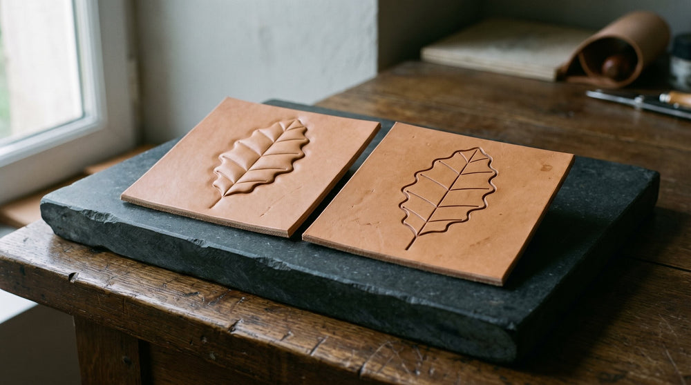 Two vegetable-tanned leather squares on a stone slab, the same oak leaf raised by embossing on one and engraved into the other