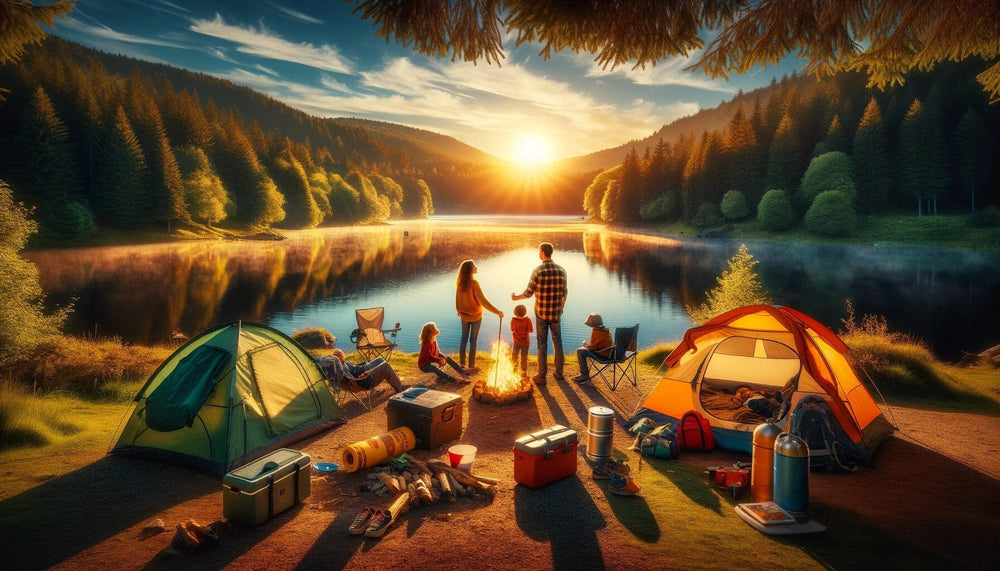 family spending a weekend camping in the wilderness setting up camp near a lake