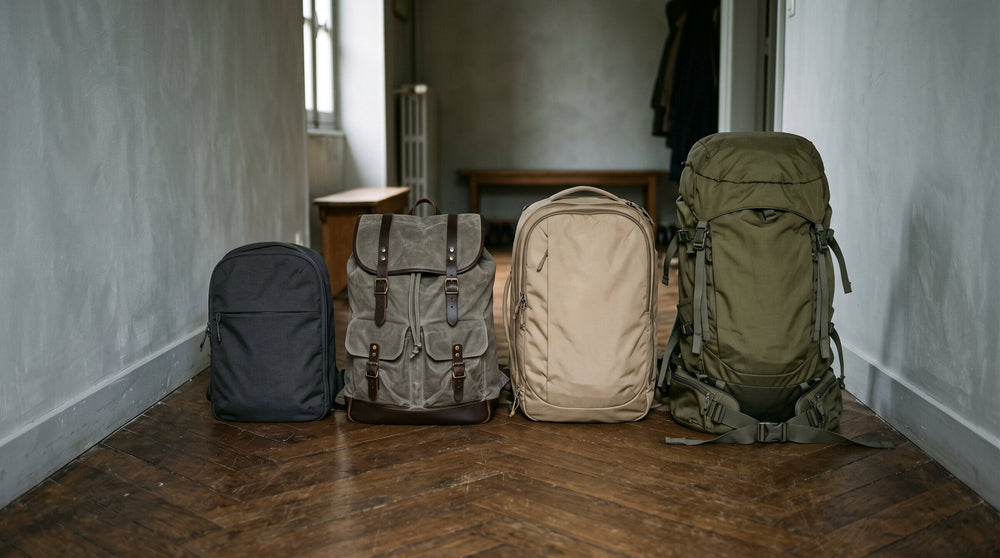 Four backpacks side by side on a herringbone parquet hallway: black city pack, waxed canvas rucksack, travel pack and trekking pack