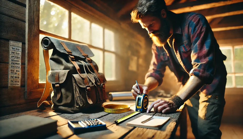 hiker in his cabin measuring his backpack dimensions