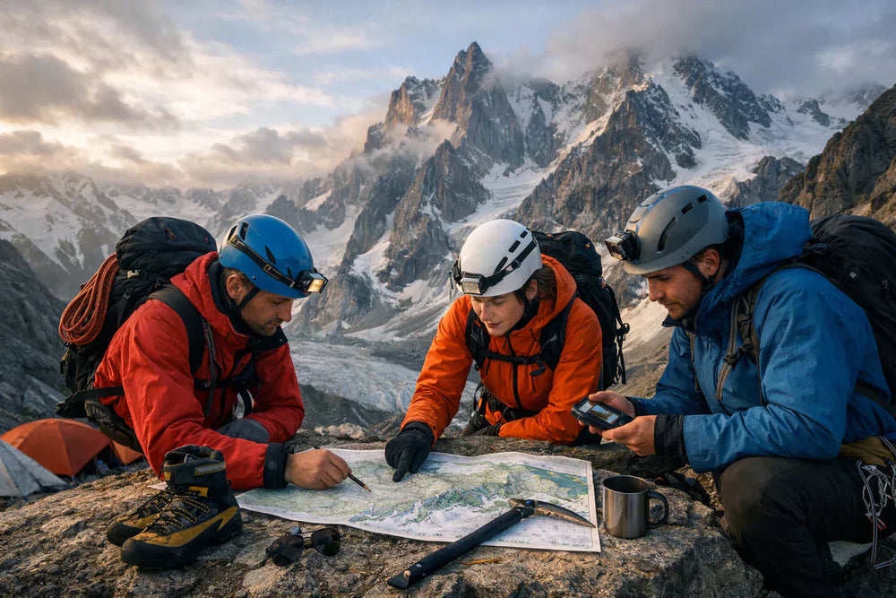 Three mountaineers planning a safe alpine route in high mountains, studying terrain before a summit ascent