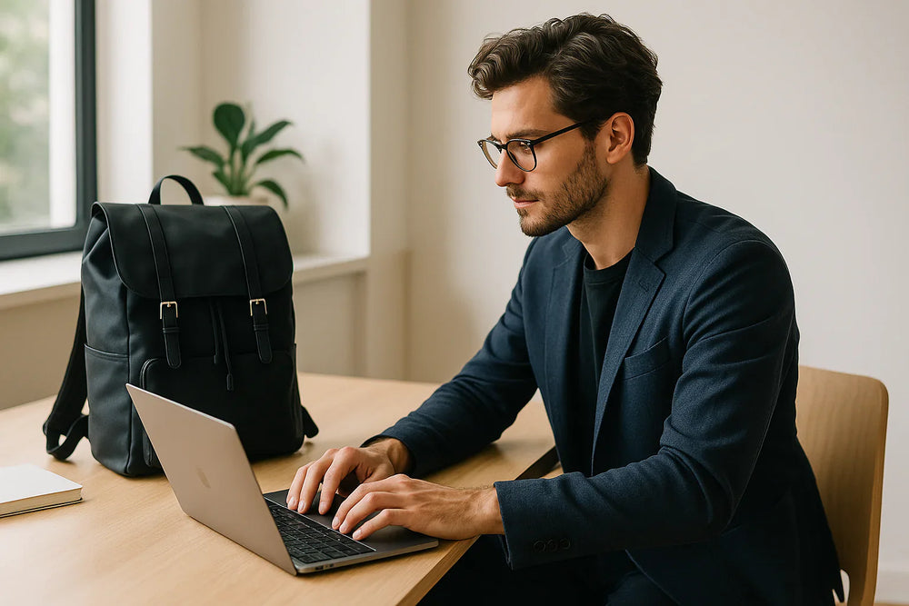 Young man sitting at a desk with a laptop backpack beside him, in a bright and modern workspace